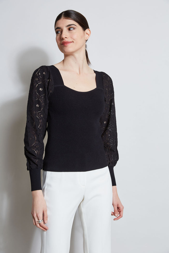 Elie Tahari Contour Neck Lace Sleeve Sweater NOIR