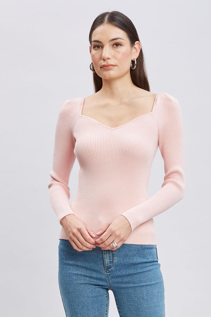 Elie Tahari Contour Neck Rib Sweater BLUSH ROSE