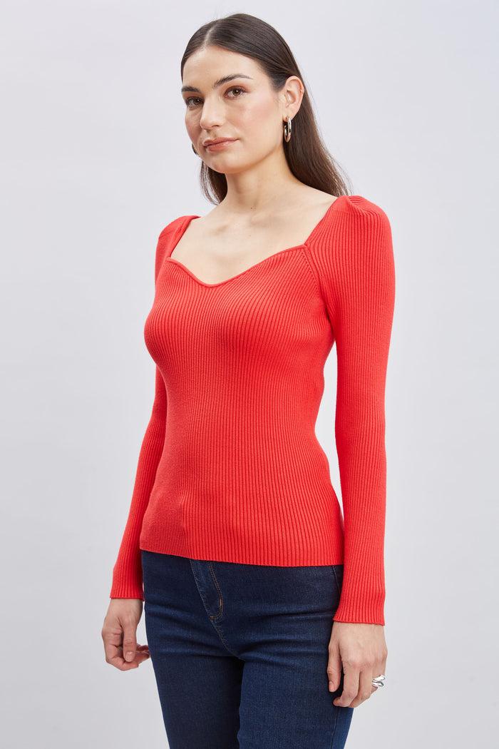 Elie Tahari Contour Neck Rib Sweater HIBISCUS