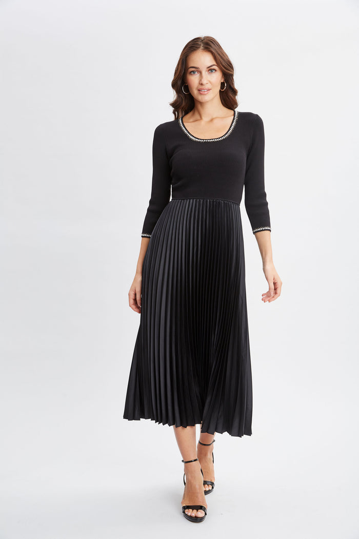 Elie Tahari Contrast Trim Pleated Dress Noir