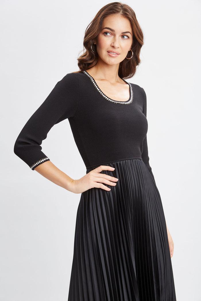 Elie Tahari Contrast Trim Pleated Dress Noir