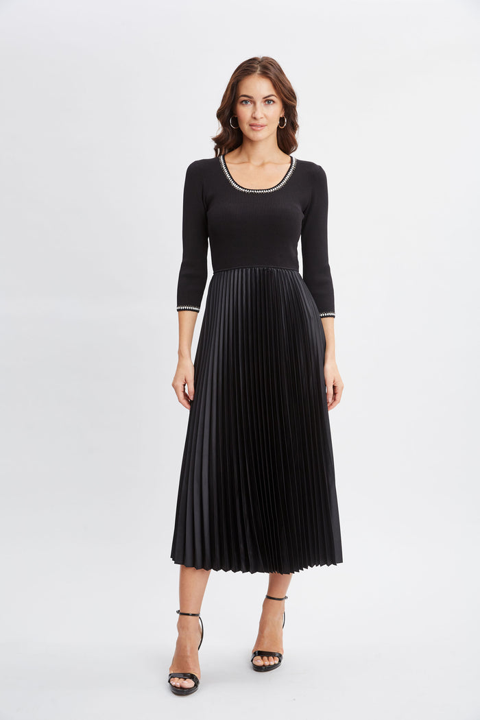 Elie Tahari Contrast Trim Pleated Dress Noir