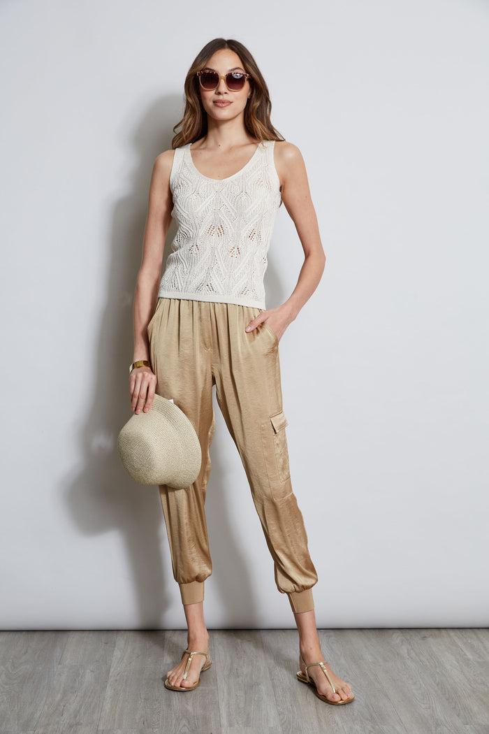 Elie Tahari Cotton Crochet V-Neck Sweater CREAM