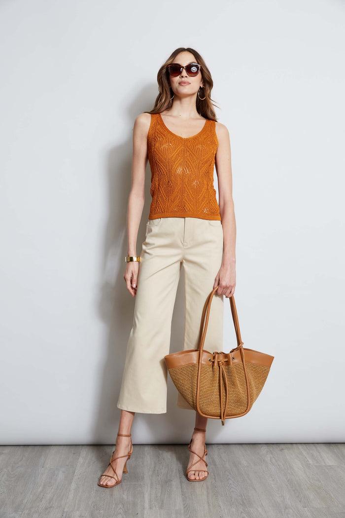 Elie Tahari Cotton Crochet V-Neck Sweater GINGER