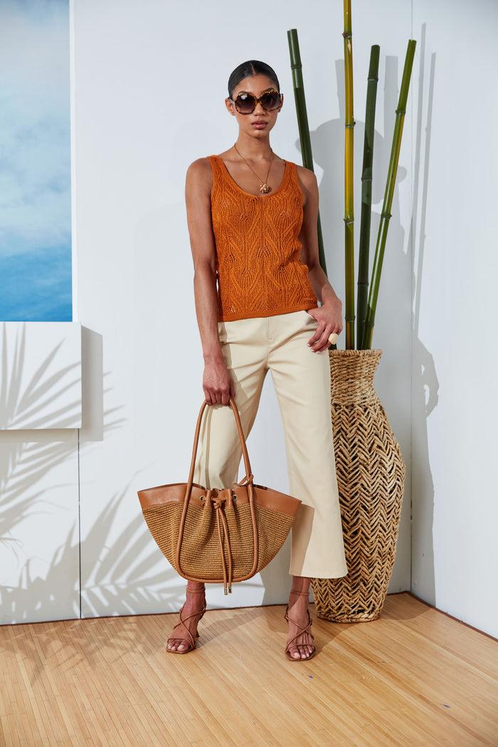 Elie Tahari Cotton Crochet V-Neck Sweater GINGER