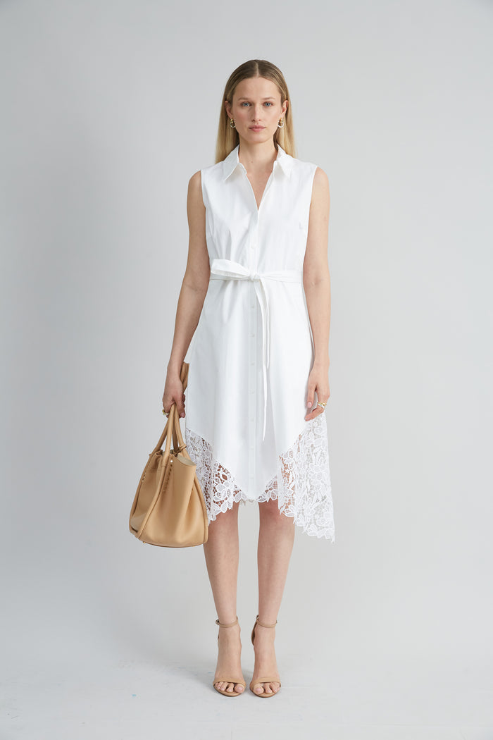 Elie Tahari Cotton Lace Hem Dress WHITE