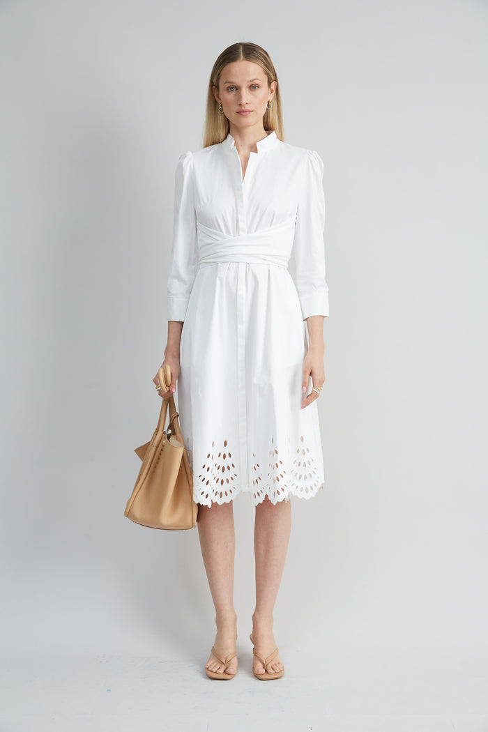 Elie Tahari Cotton Tie Embroidered Dress WHITE