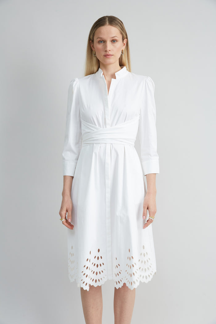 Elie Tahari Cotton Tie Embroidered Dress WHITE