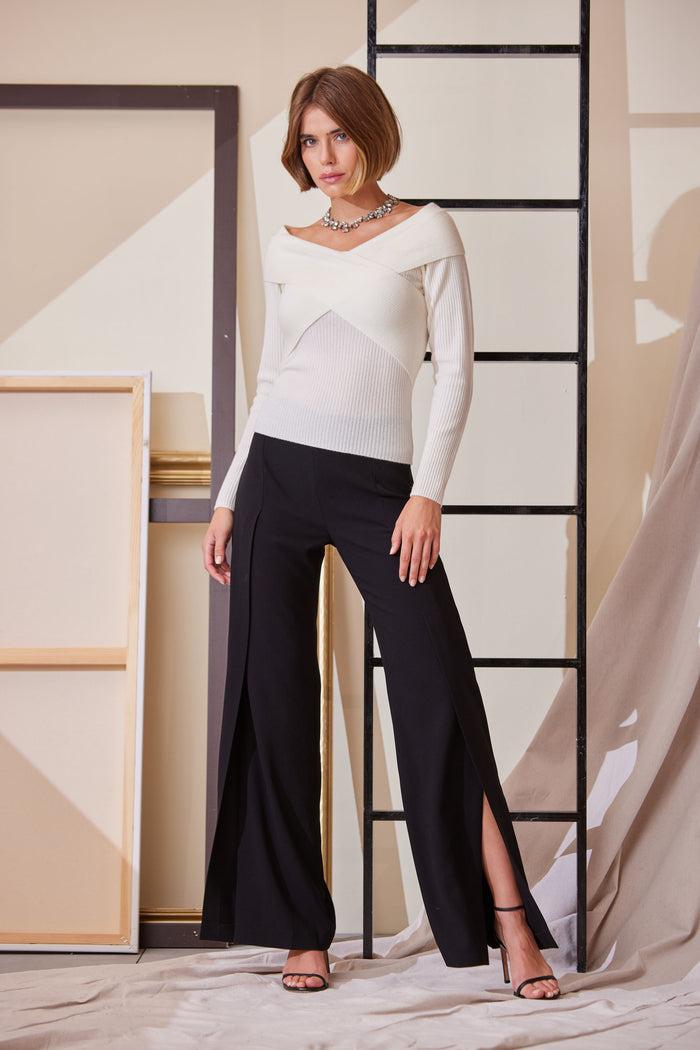 Elie Tahari Crepe Overlay Slit Pant BLACK