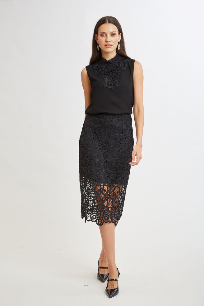 Elie Tahari Crochet Lace Midi Skirt BLACK