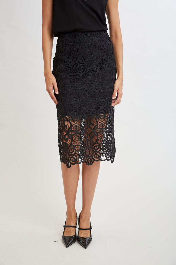Elie Tahari Crochet Lace Midi Skirt BLACK