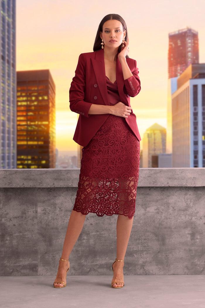 Elie Tahari Crochet Lace Midi Skirt SANGRIA