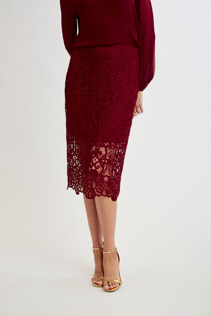 Elie Tahari Crochet Lace Midi Skirt SANGRIA