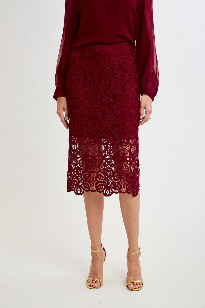 Elie Tahari Crochet Lace Midi Skirt SANGRIA