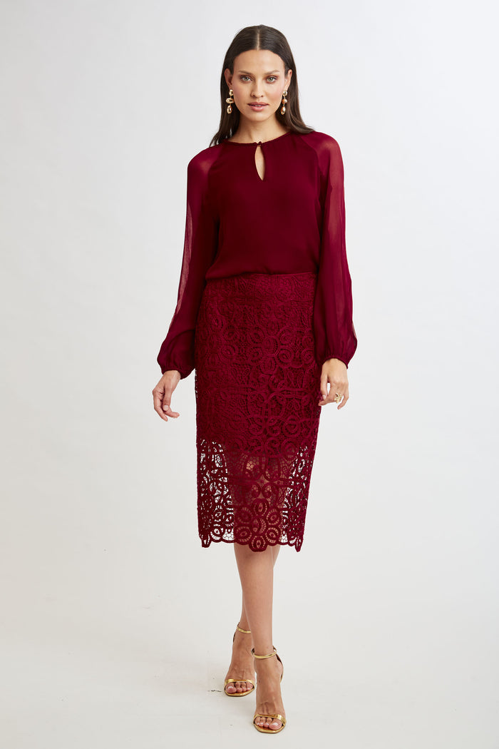 Elie Tahari Crochet Lace Midi Skirt SANGRIA