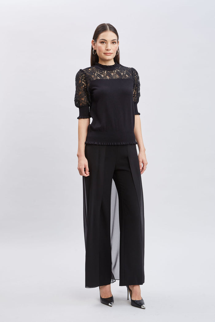 Elie Tahari Crochet Sleeve Sweater Noir