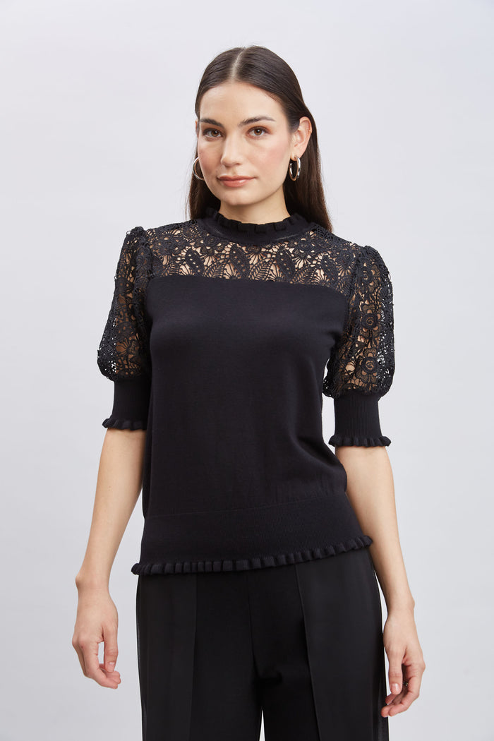 Elie Tahari Crochet Sleeve Sweater Noir