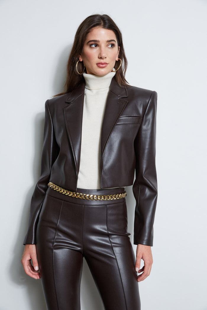 Elie Tahari Cropped Vegan Leather Jacket ESPRESSO