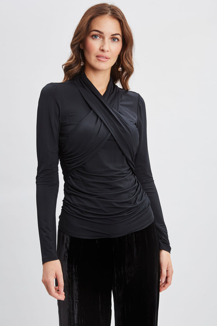 Elie Tahari Crossover Ruched Knit BLACK
