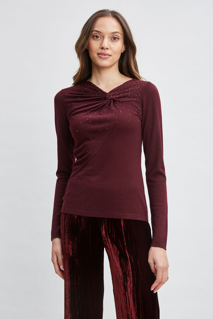 Elie Tahari Crystal Knot Wool Sweater MERLOT