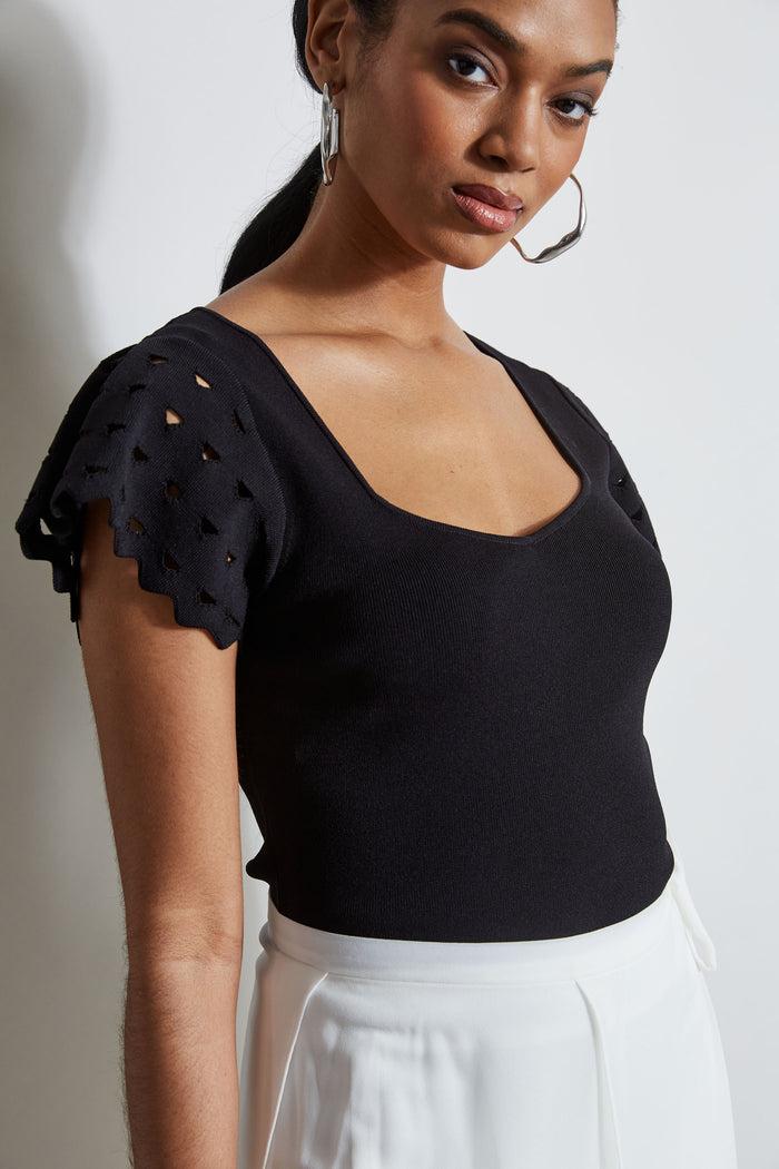 Elie Tahari Cut Out Flutter Sleeve Sweater NOIR