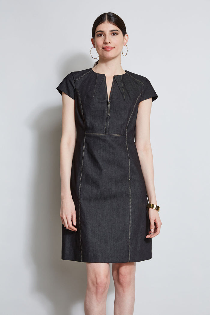 Elie Tahari Denim Fit & Flare Zip Dress BLACK
