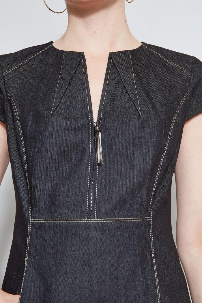 Elie Tahari Denim Fit & Flare Zip Dress BLACK