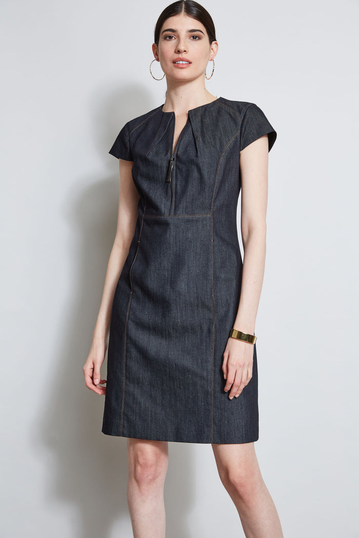 Elie Tahari Denim Fit & Flare Zip Dress INDIGO