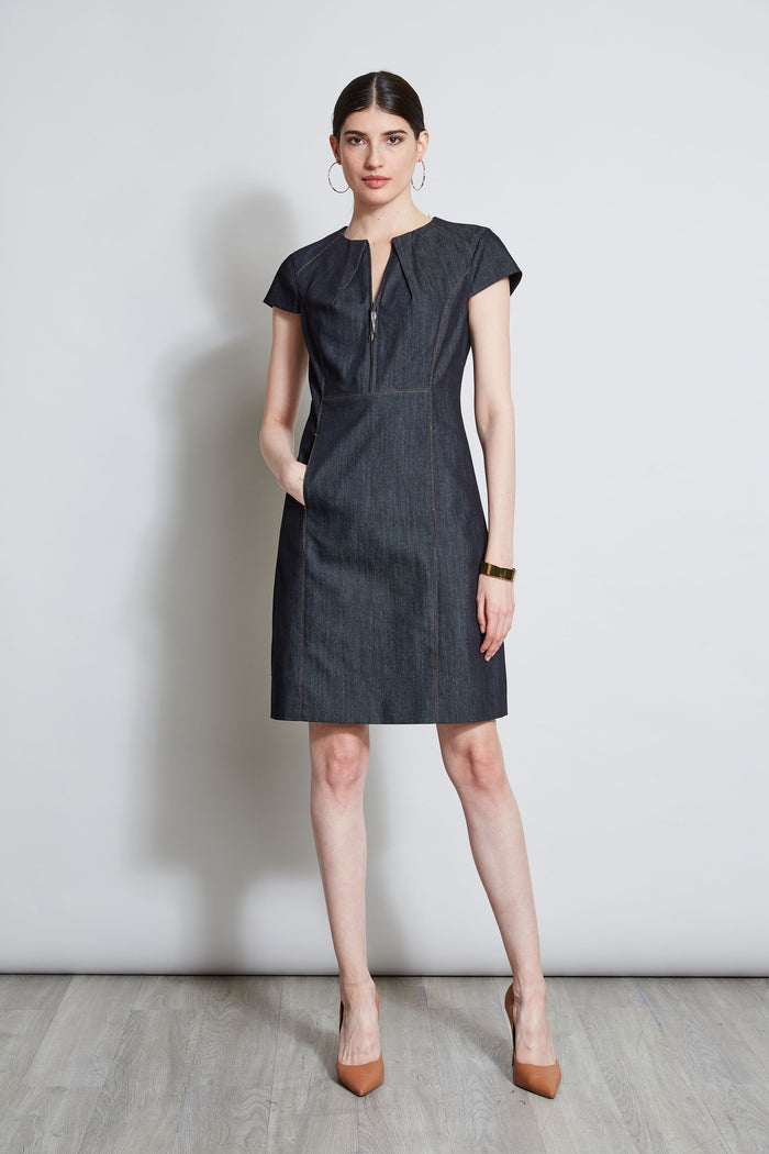 Elie Tahari Denim Fit & Flare Zip Dress INDIGO