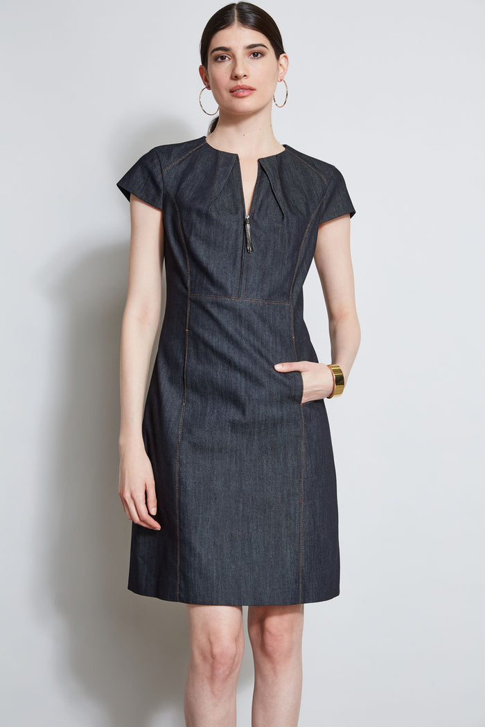 Elie Tahari Denim Fit & Flare Zip Dress INDIGO