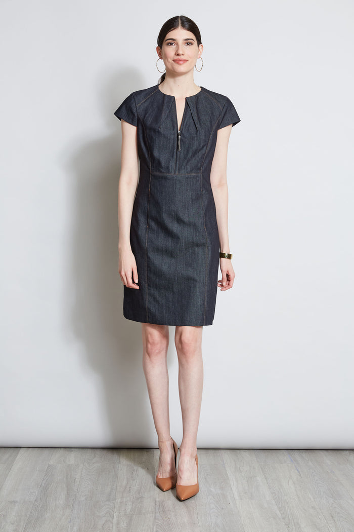 Elie Tahari Denim Fit & Flare Zip Dress INDIGO