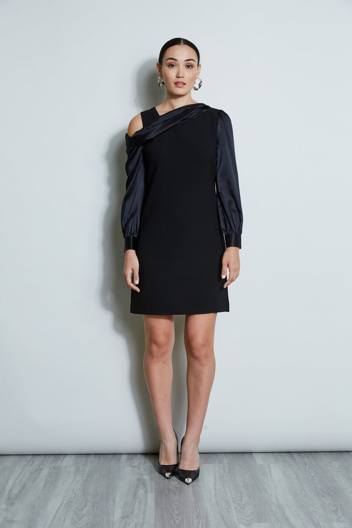 Elie Tahari Draped Satin Shoulder Dress BLACK