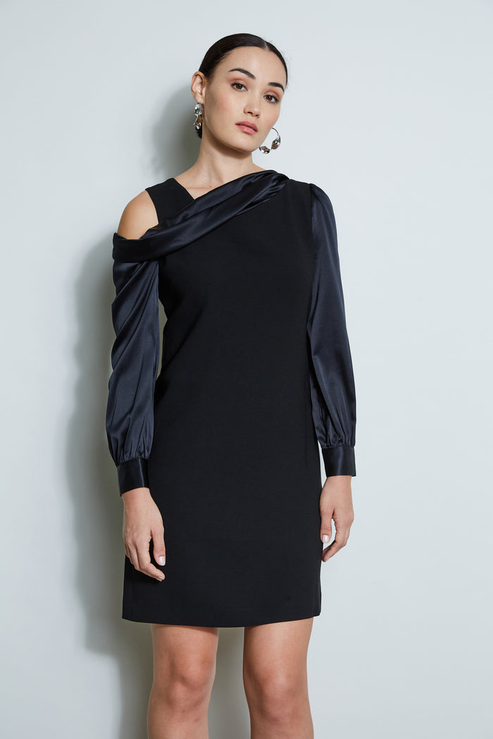 Elie Tahari Draped Satin Shoulder Dress BLACK