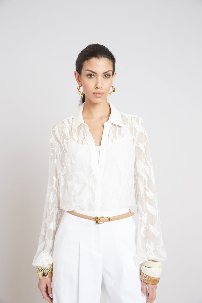 Elie Tahari Embroidered Chiffon Shirt PEARL