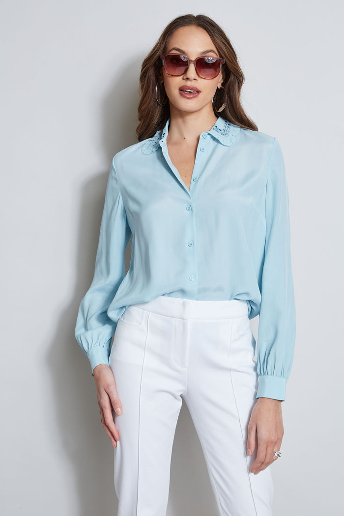 Elie Tahari Embroidered Collar Shirt SKY LIGHT