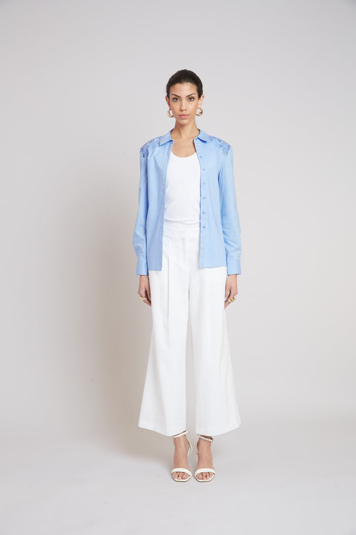 Elie Tahari Embroidered Cotton Shirt HORIZON BLUE