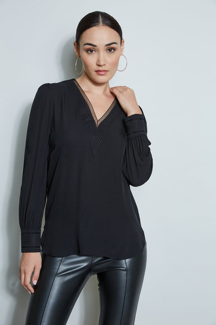 Elie Tahari Embroidered Silk Shirt BLACK