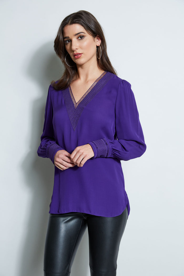 Elie Tahari Embroidered Silk Shirt WINTER PLUM