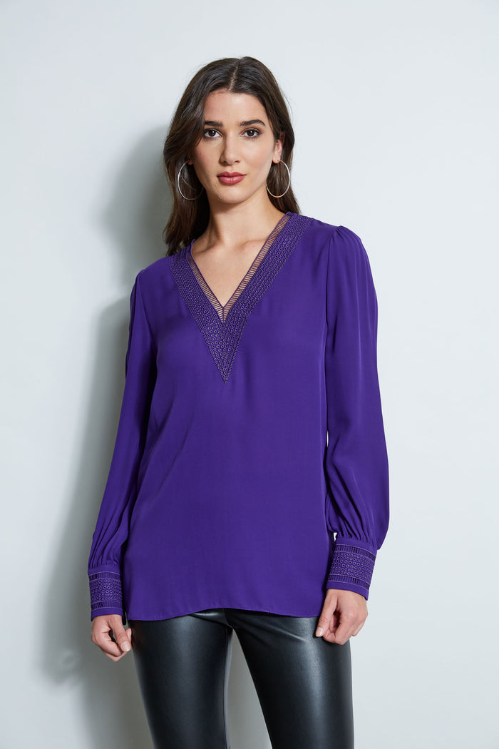 Elie Tahari Embroidered Silk Shirt WINTER PLUM