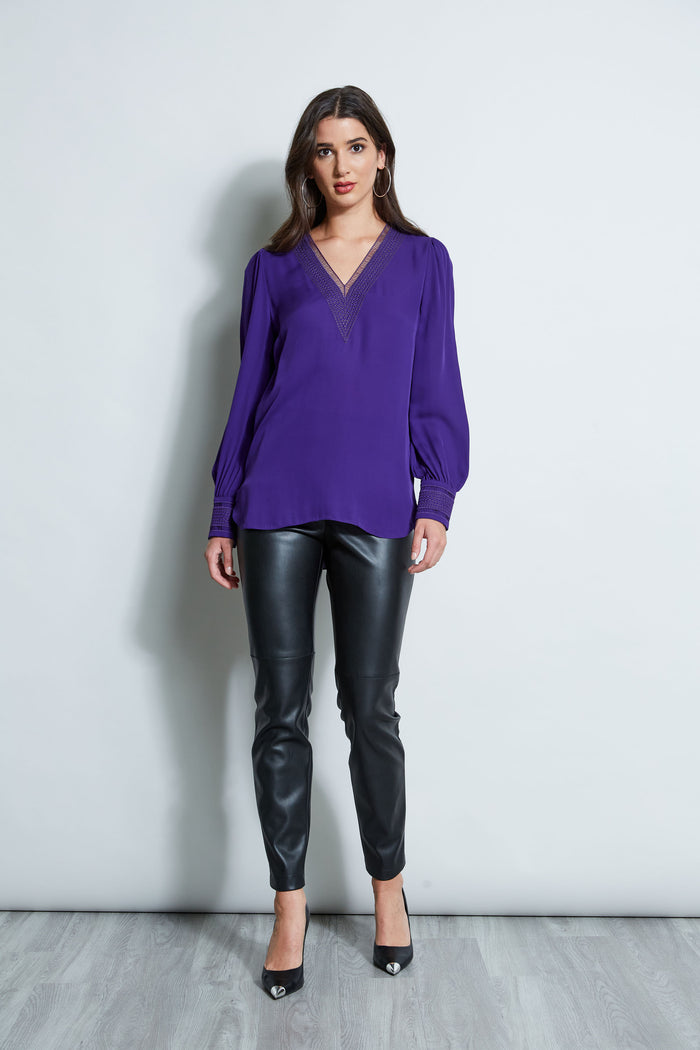 Elie Tahari Embroidered Silk Shirt WINTER PLUM