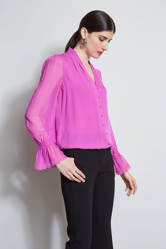 Elie Tahari Embroidered Sleeve Blouson Shirt PEONY