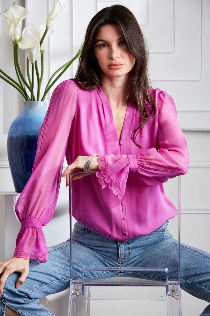 Elie Tahari Embroidered Sleeve Blouson Shirt PEONY