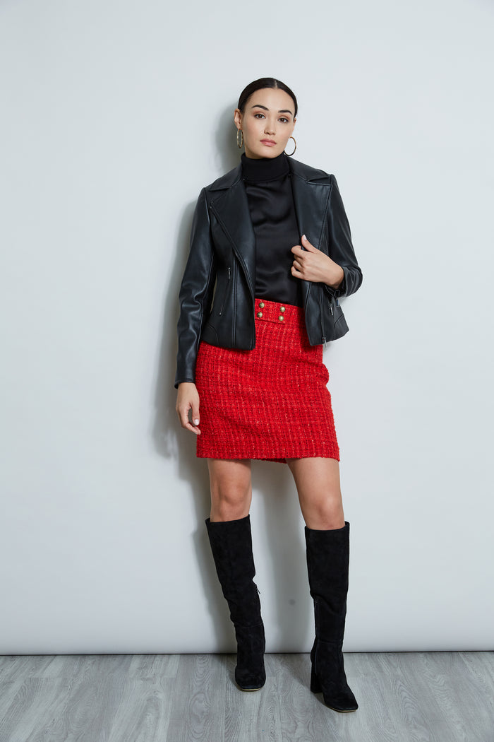 Elie Tahari Faux Fur Collar Moto Jacket BLACK