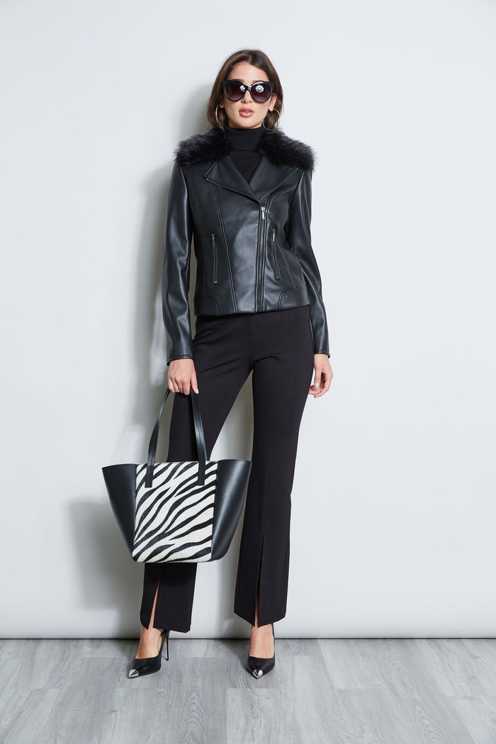 Elie Tahari Faux Fur Collar Moto Jacket BLACK