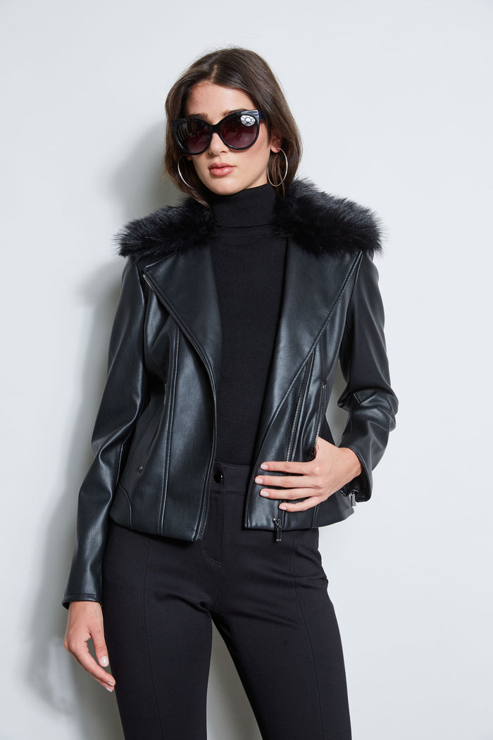 Elie Tahari Faux Fur Collar Moto Jacket BLACK