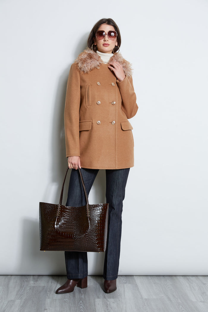 Elie Tahari Faux Fur Collar Peacoat CAMEL