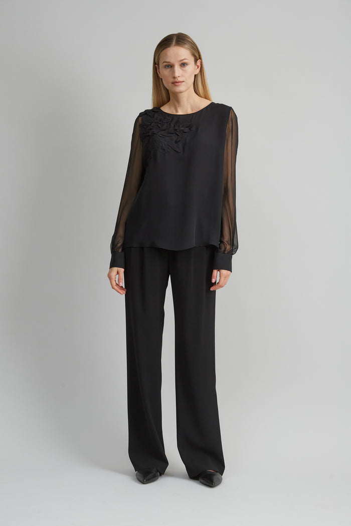 Elie Tahari Floral Applique Silk Shirt BLACK