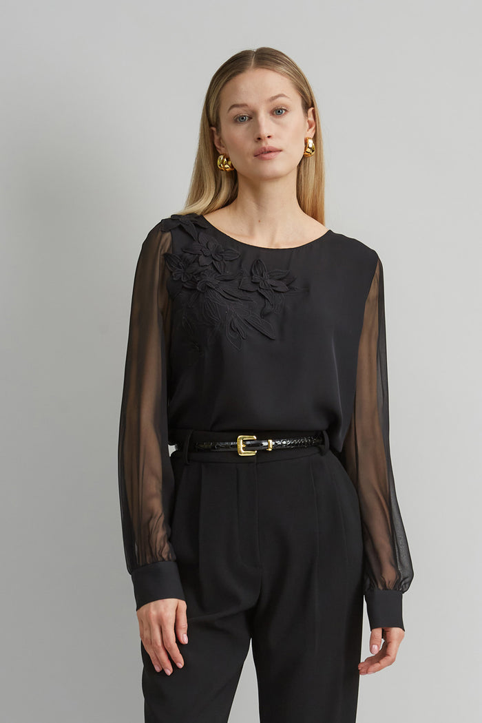 Elie Tahari Floral Applique Silk Shirt BLACK