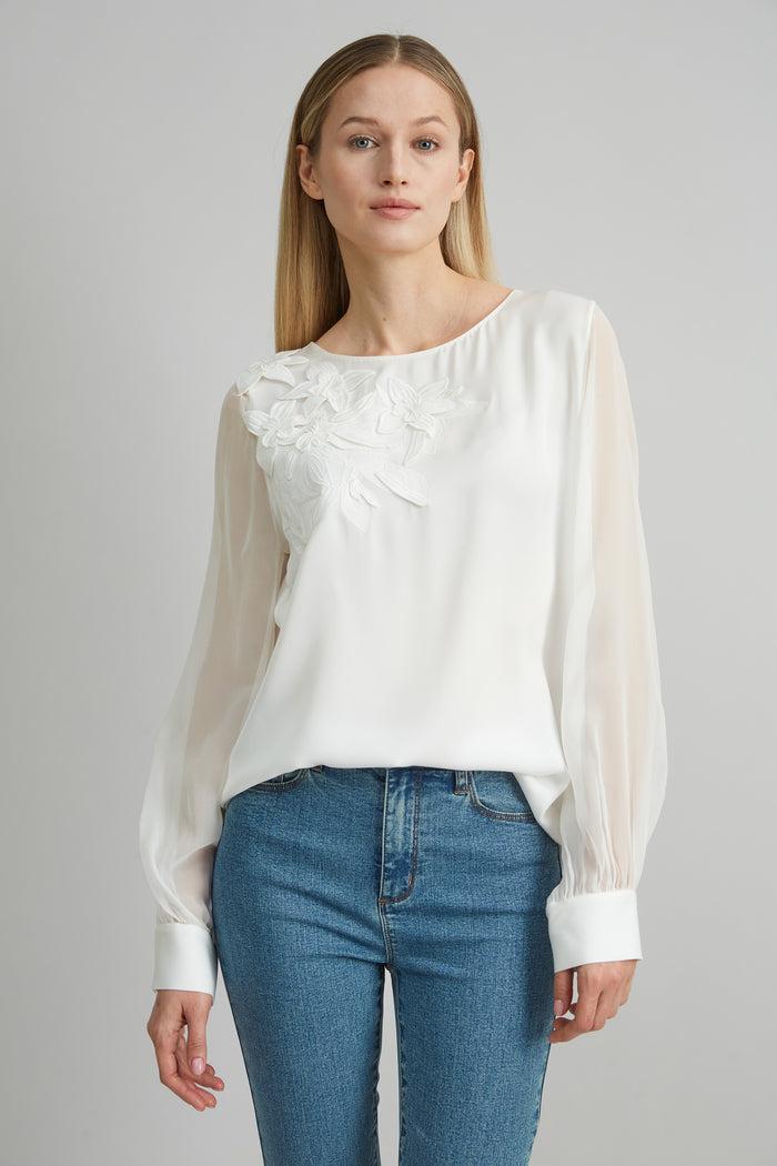 Elie Tahari Floral Applique Silk Shirt FRESH PEARL