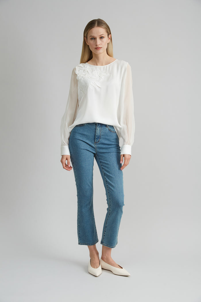 Elie Tahari Floral Applique Silk Shirt FRESH PEARL